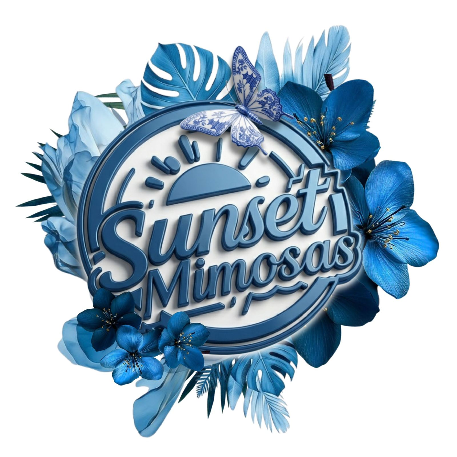 Sunset Mimosas logo with blue tropical flowers and a butterfly